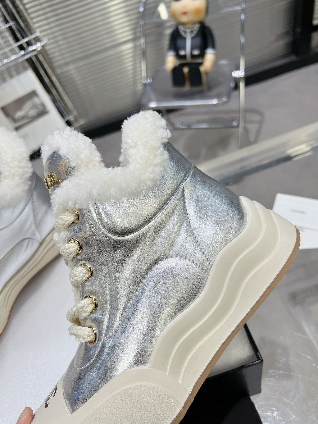 MARTIN BOOTS IN SILVER CALFSKIN AND LAMB FUR LINING