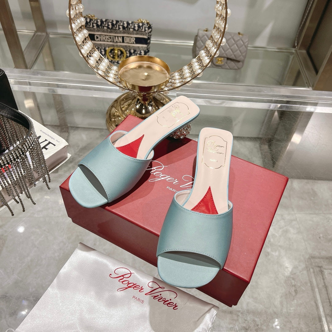 CRYSTAL HEEL MULE IN LIGHT BLUE-GREEN SILK