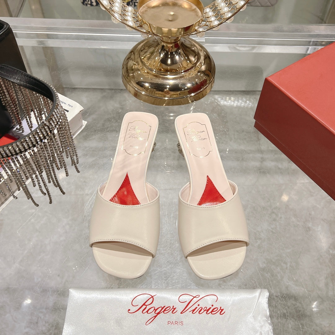 CRYSTAL HEEL MULE IN WHITE CALFSKIN