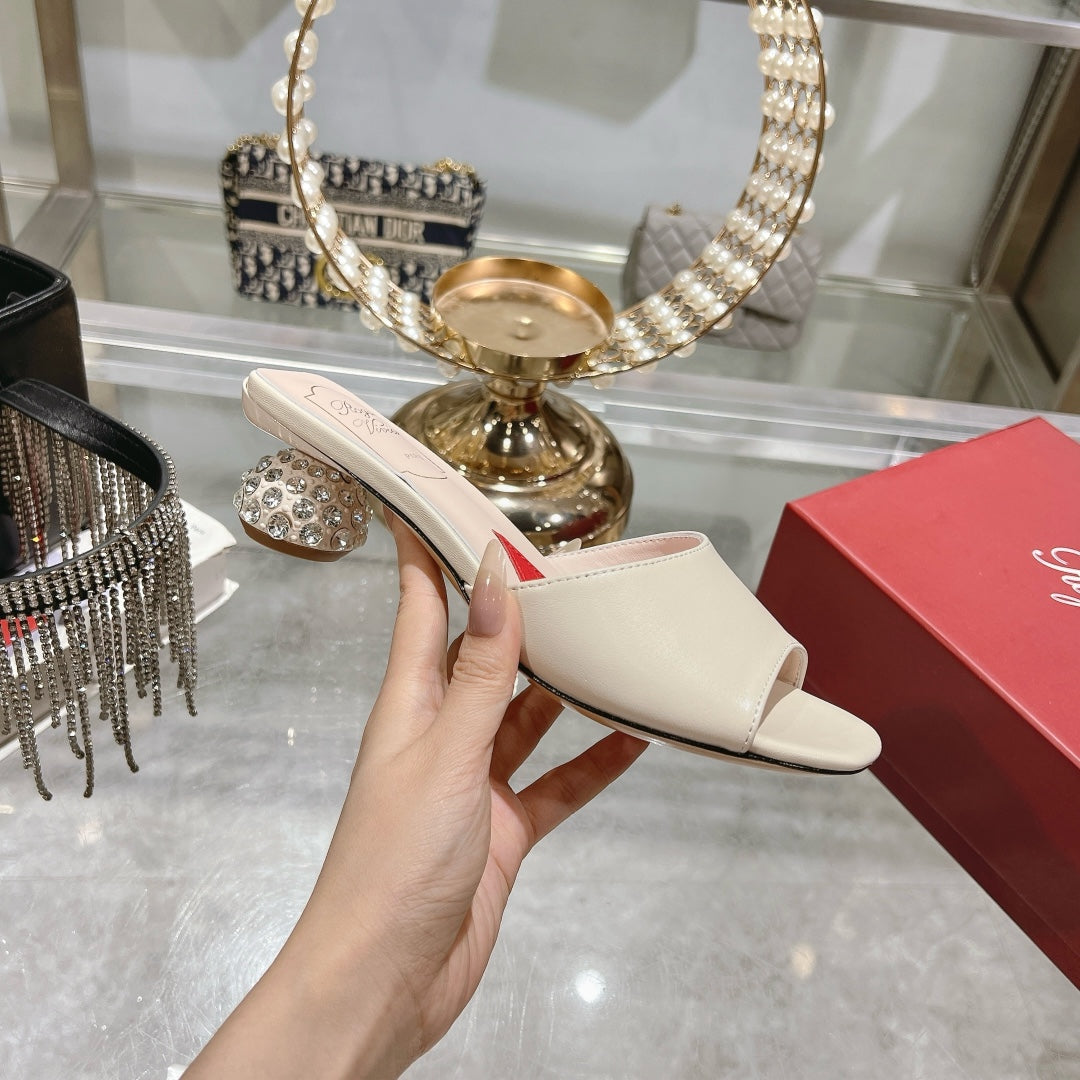 CRYSTAL HEEL MULE IN WHITE CALFSKIN