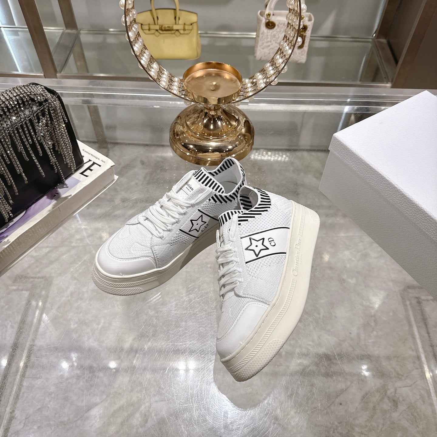 CD STAR SNEAKER 4CM IN WHITE MESH FABRIC BLACK STRIPE COLLAR DETAIL