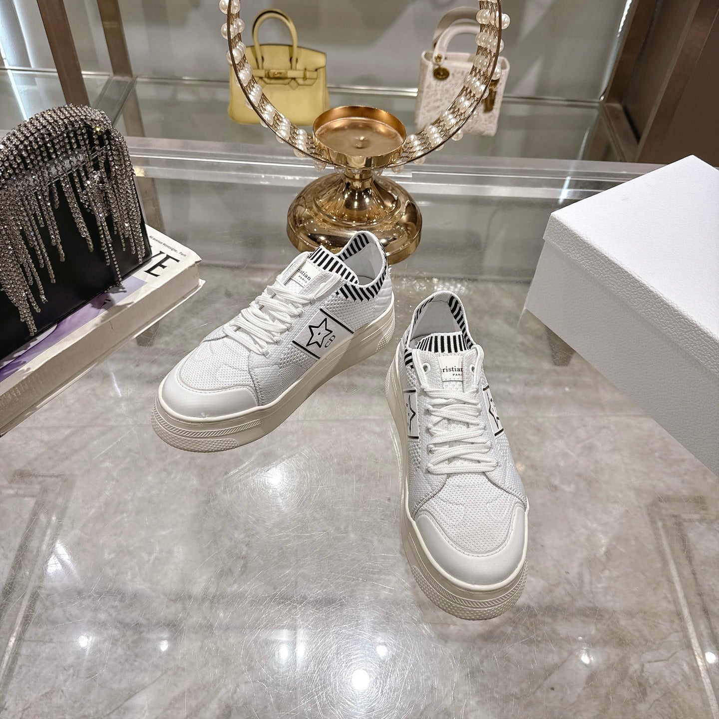 CD STAR SNEAKER 4CM IN WHITE MESH FABRIC BLACK STRIPE COLLAR DETAIL