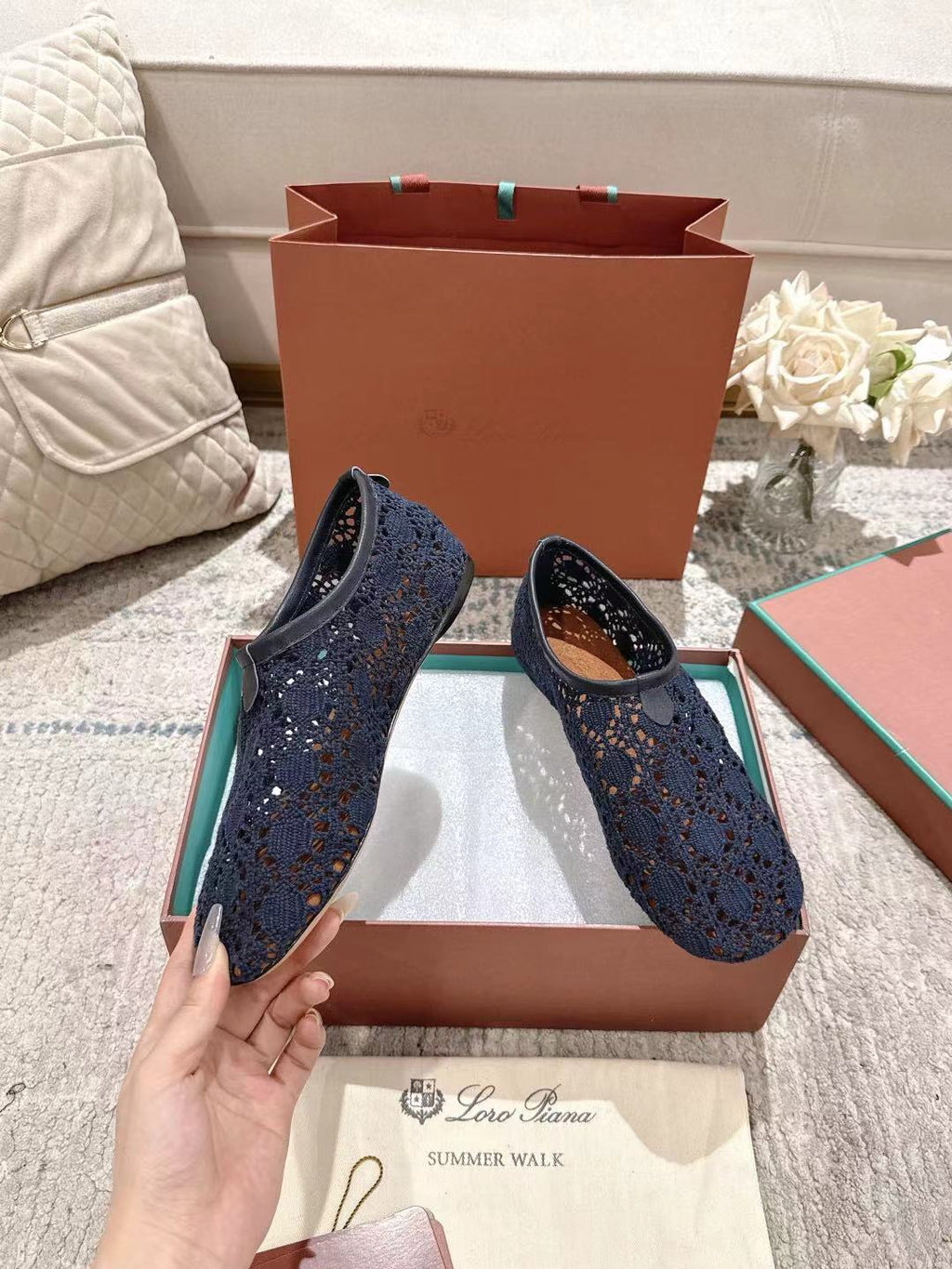 FLAT SHOES 25 IN DARK BLUE MESH FABRIC