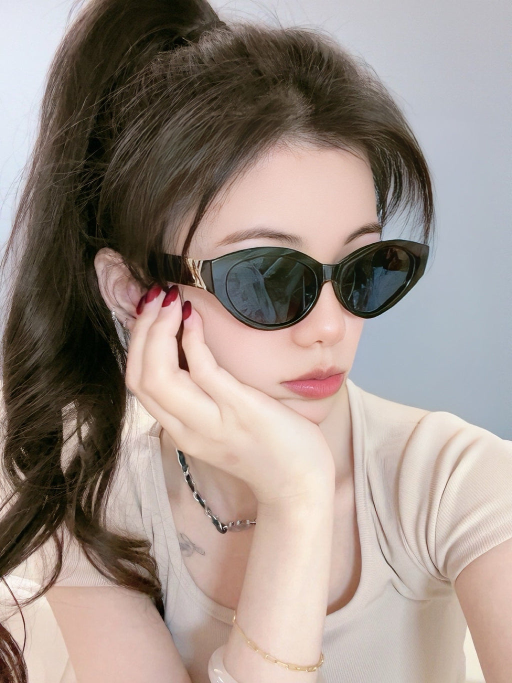 CAT EYE SUNGLASSES L35801 IN BLACK ACETATE