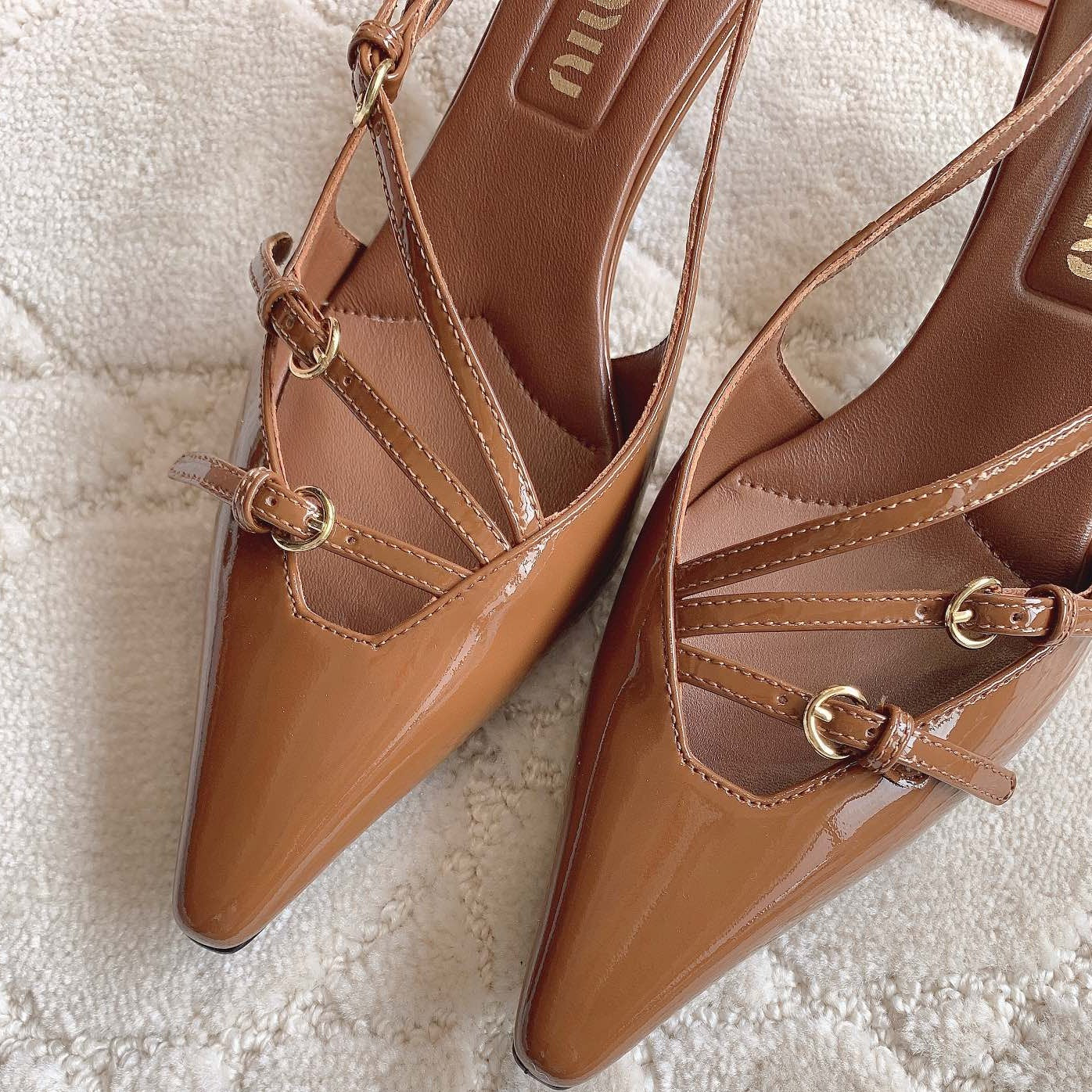 Slingback Ash Brown Leather With Stylized Cross Straps - Mid Heels