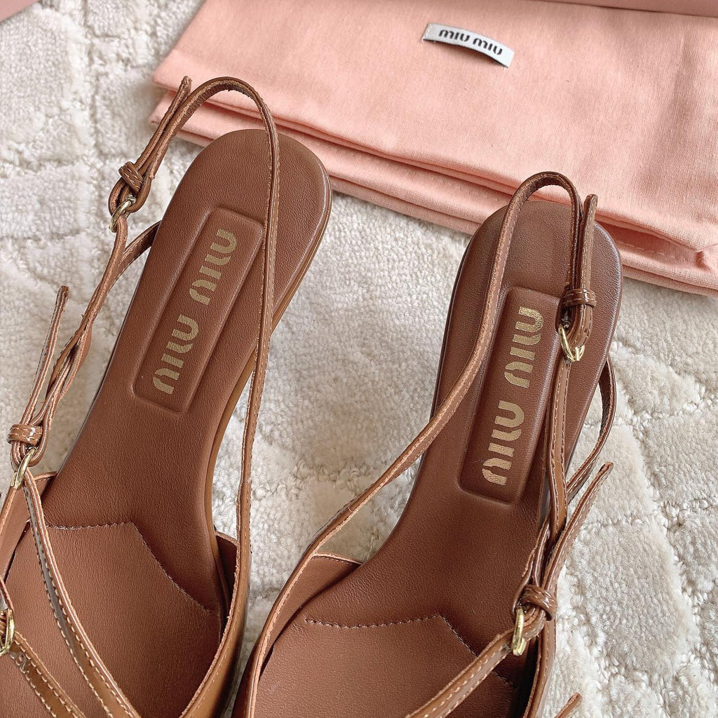 Slingback Ash Brown Leather With Stylized Cross Straps - Mid Heels