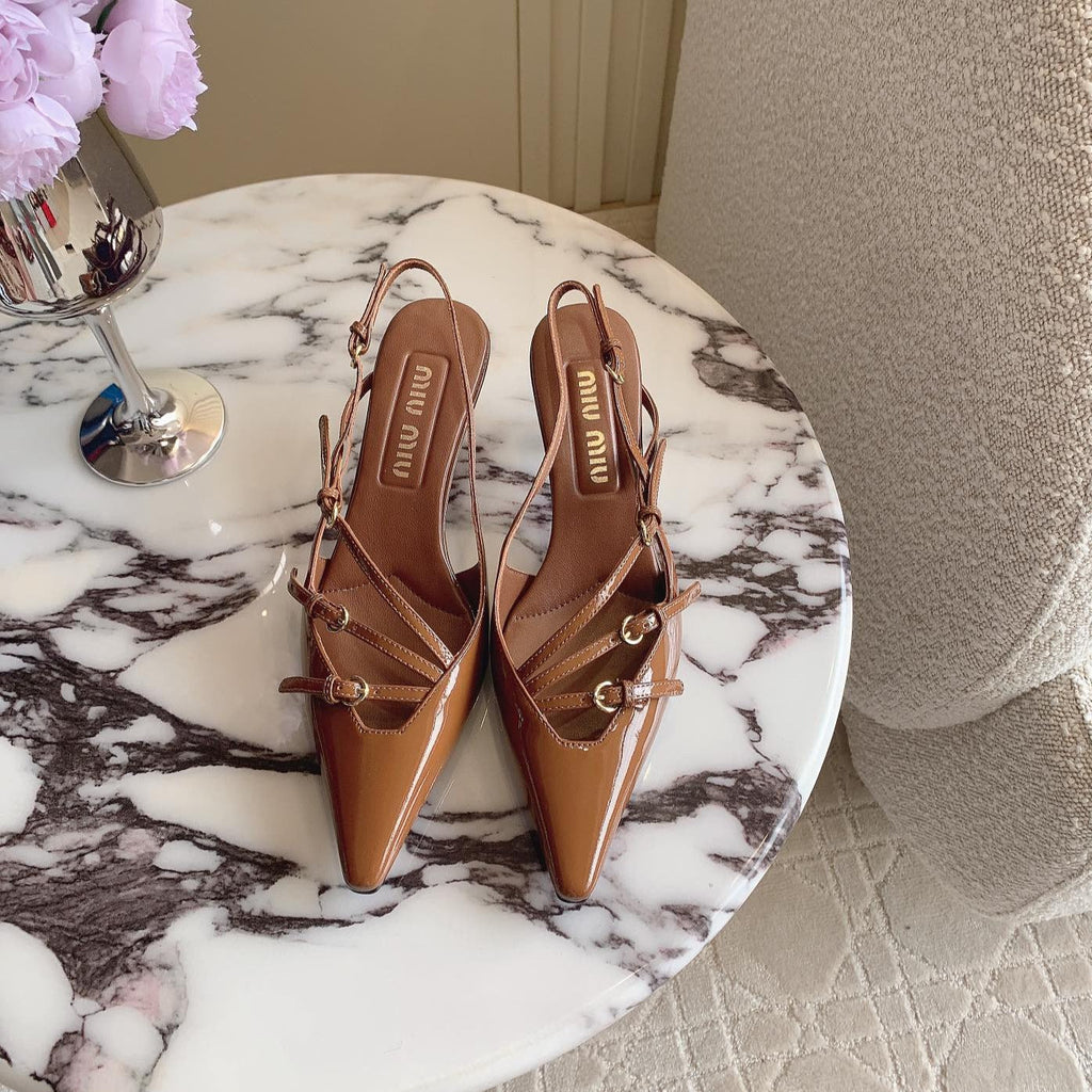 Slingback Ash Brown Leather With Stylized Cross Straps - Mid Heels