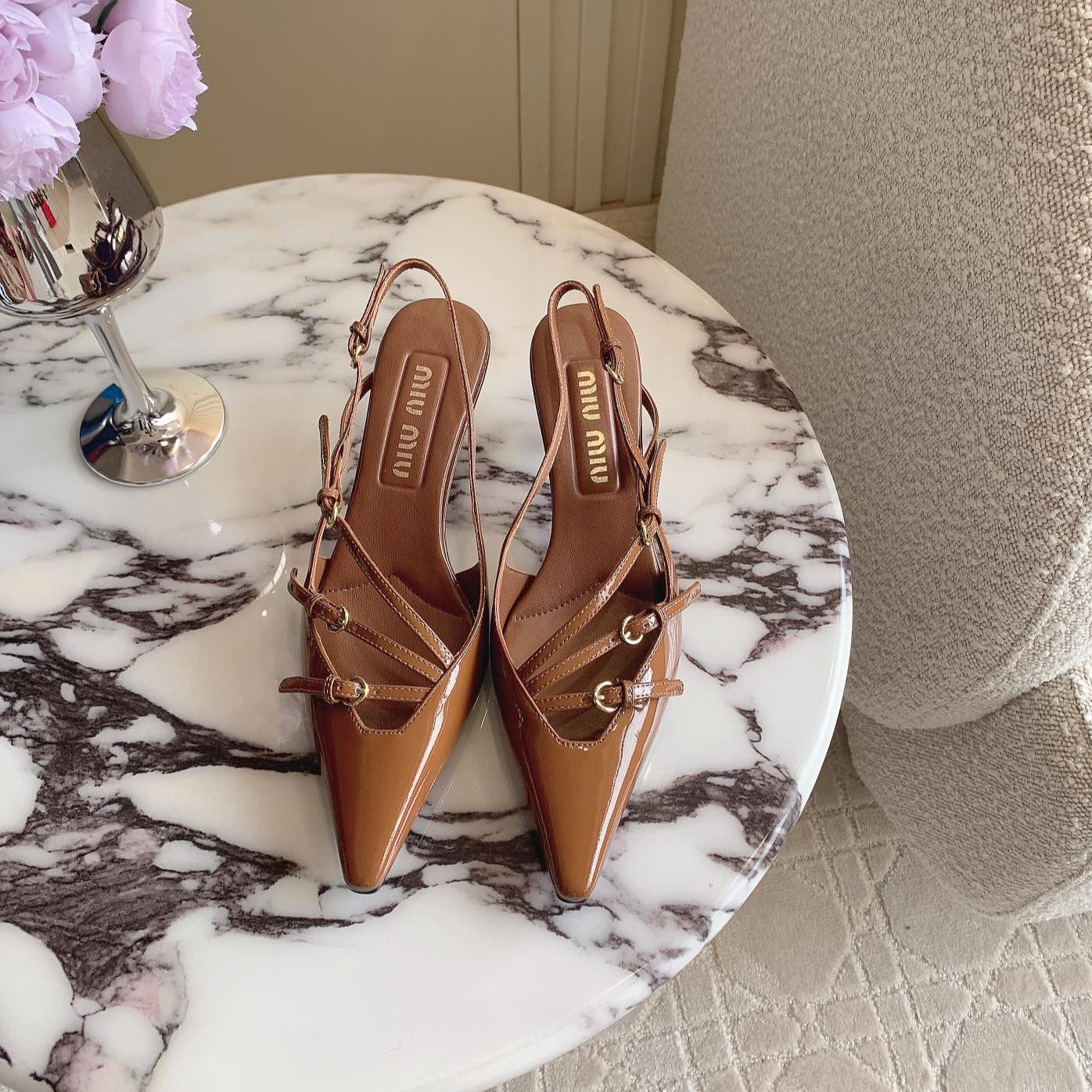 Slingback Ash Brown Leather With Stylized Cross Straps - Mid Heels