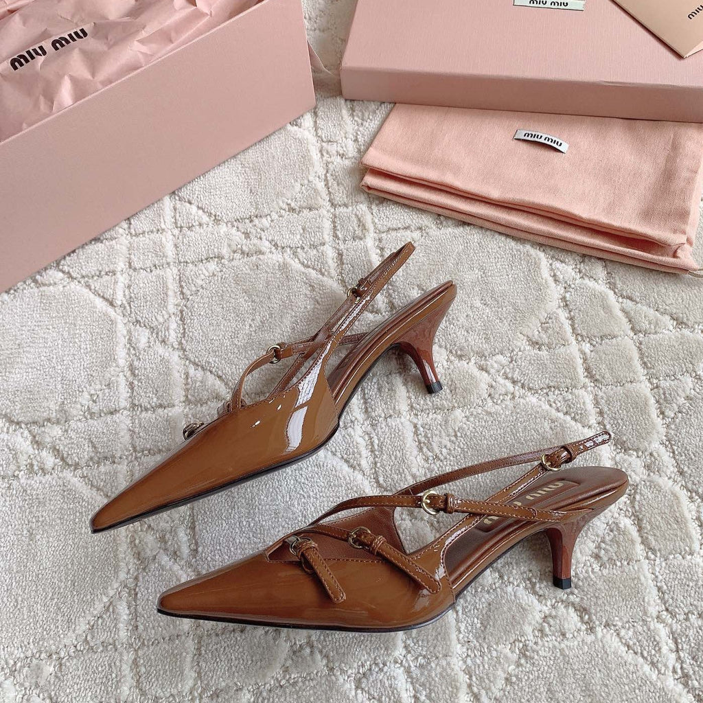 Slingback Ash Brown Leather With Stylized Cross Straps - Mid Heels