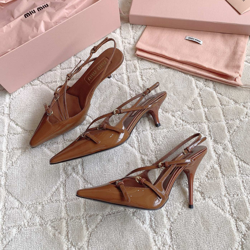 Slingback Ash Brown Leather With Stylized Cross Straps - Mid Heels