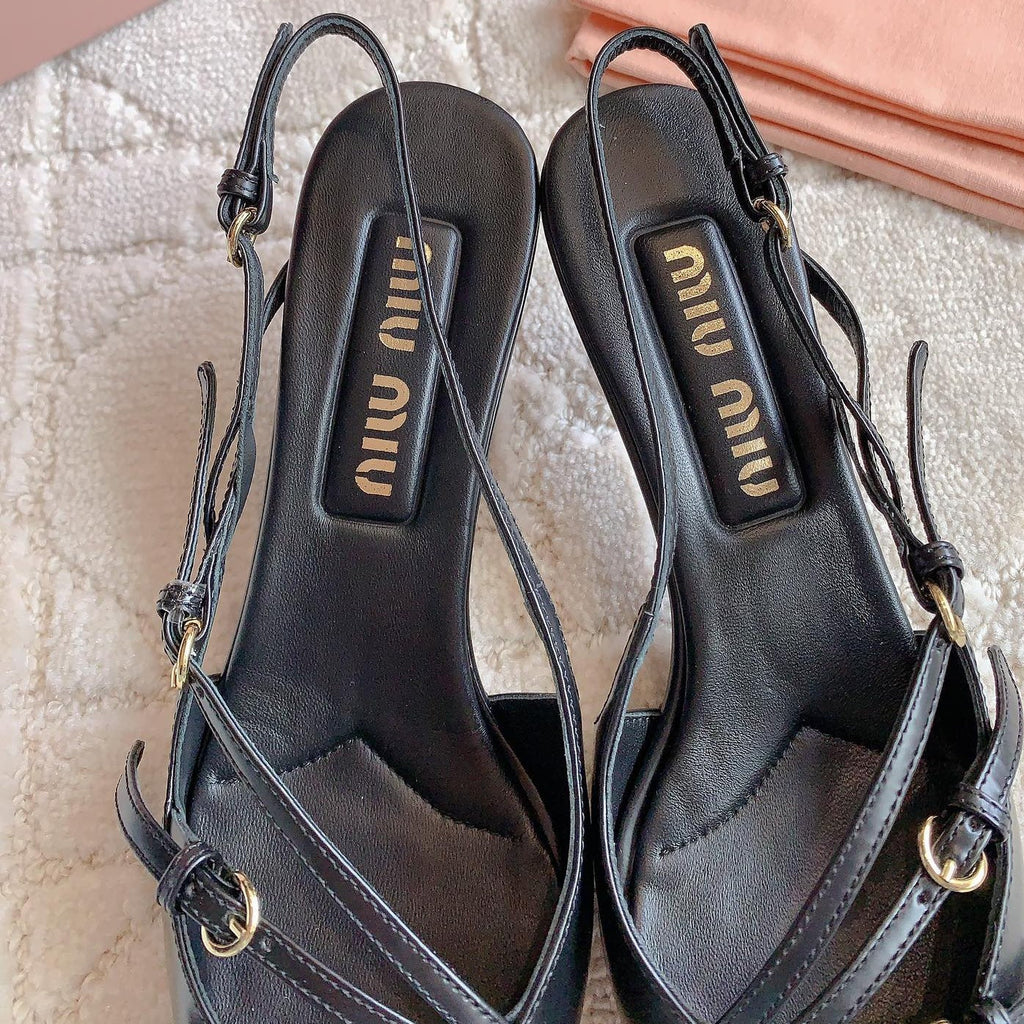 Slingback Black Leather With Stylized Cross Straps - Mid Heels