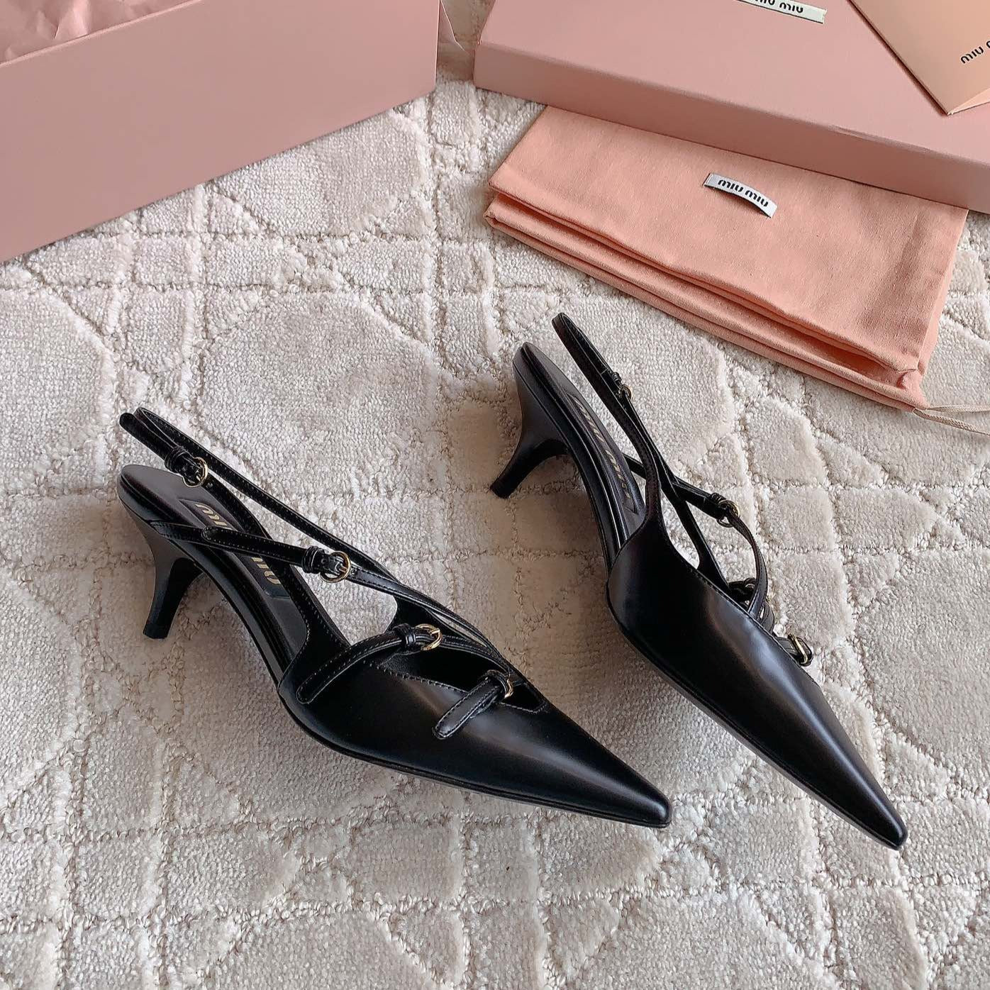 Slingback Black Leather With Stylized Cross Straps - Mid Heels