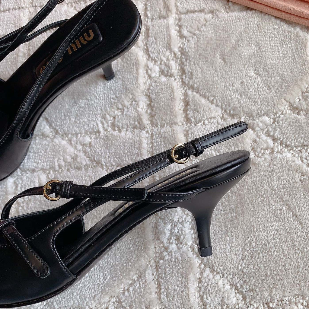 Slingback Black Leather With Stylized Cross Straps - Mid Heels