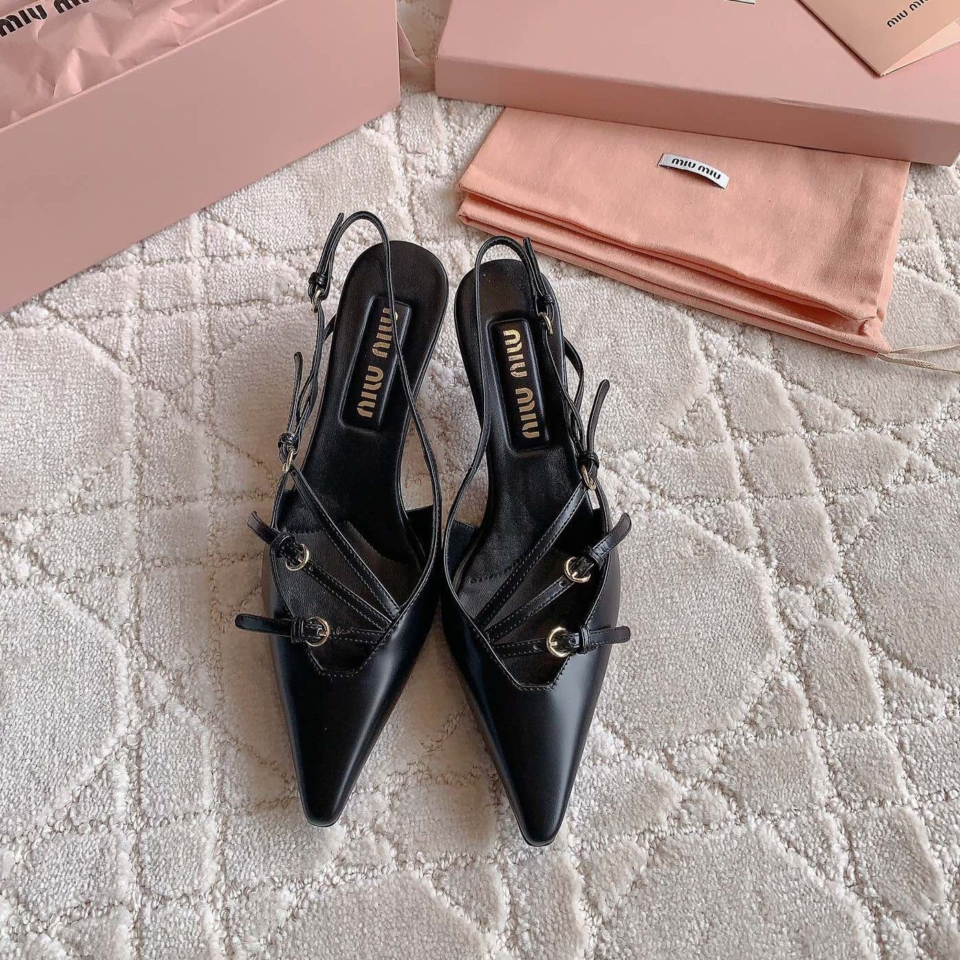 Slingback Black Leather With Stylized Cross Straps - Mid Heels