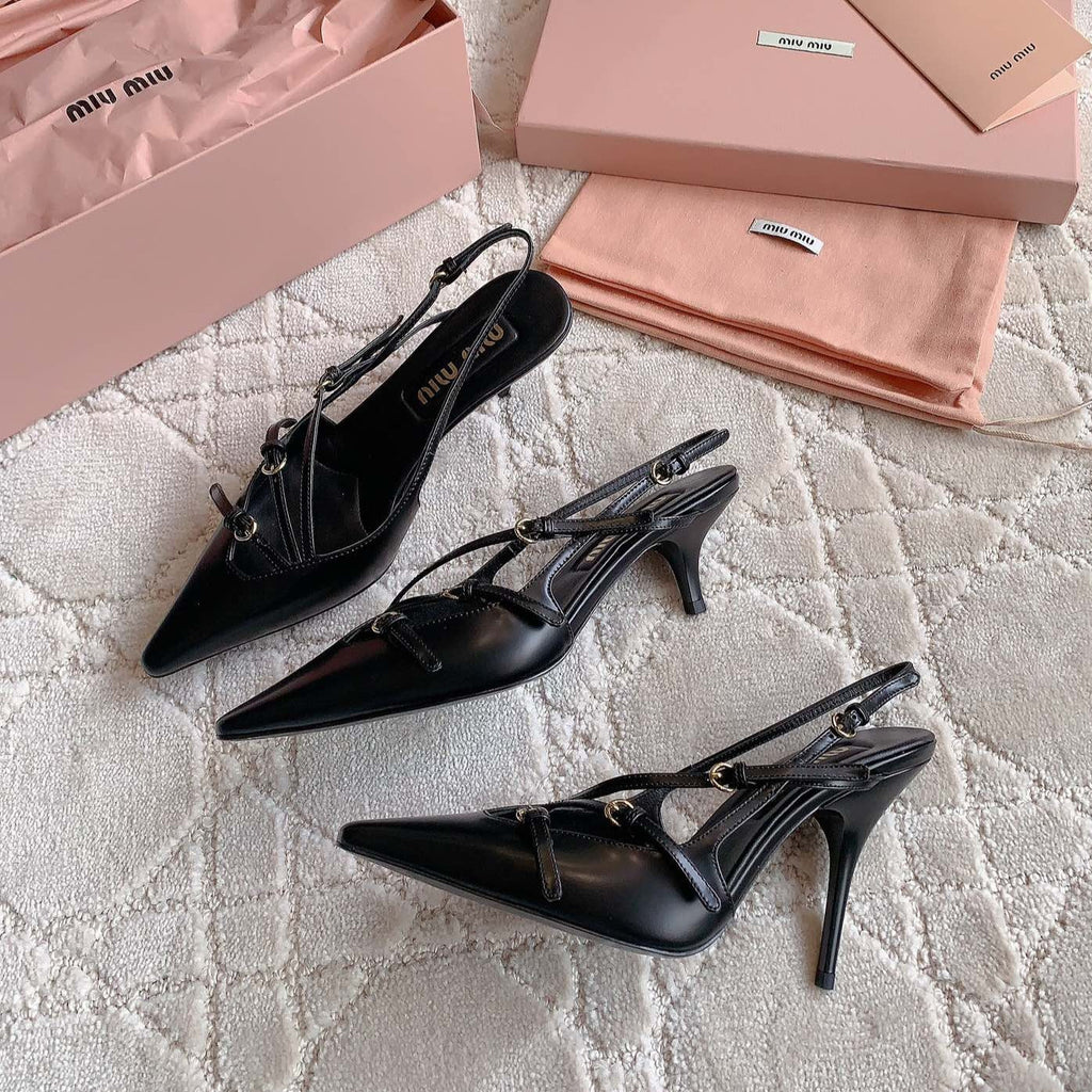 Slingback Black Leather With Stylized Cross Straps - Mid Heels