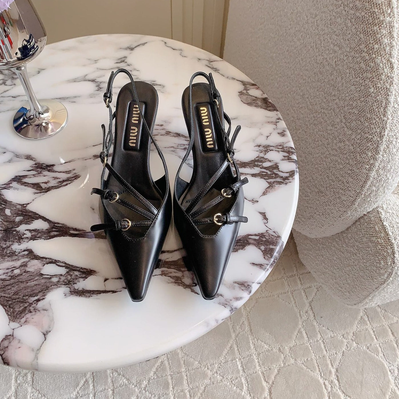 Slingback Black Leather With Stylized Cross Straps - Mid Heels