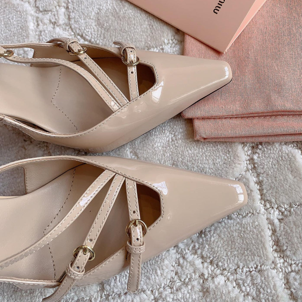 Slingback Ivory Color Leather With Stylized Cross Straps - High heels