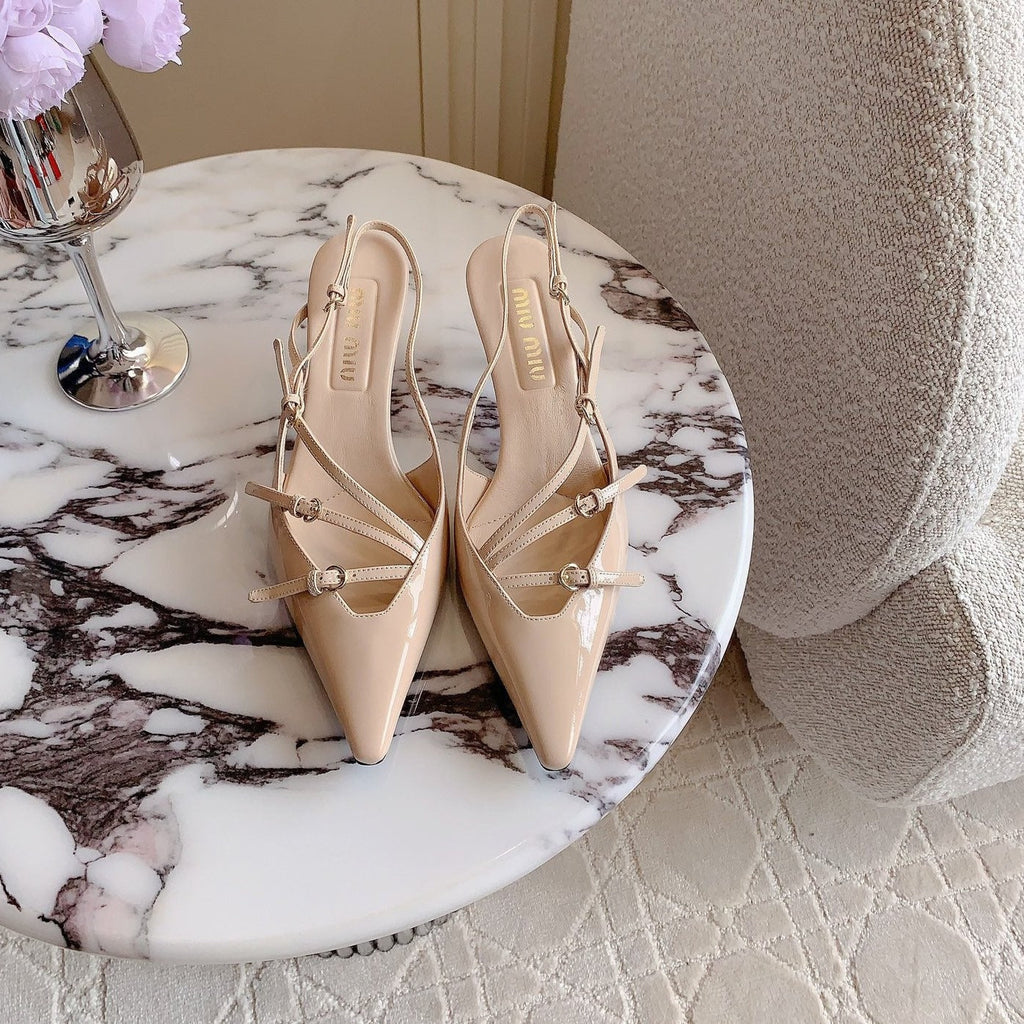 Slingback Ivory Color Leather With Stylized Cross Straps - Mid heels