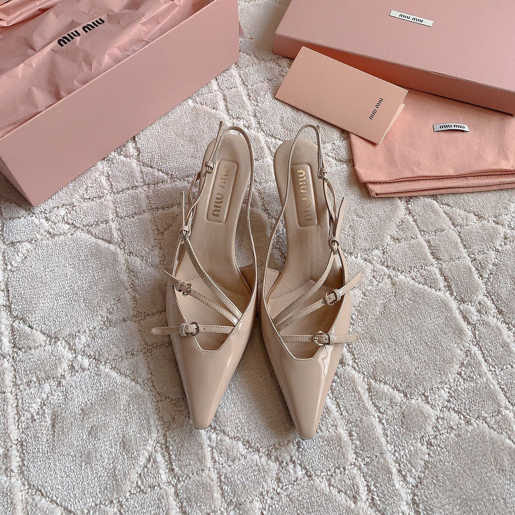 Slingback Ivory Color Leather With Stylized Cross Straps - Mid heels