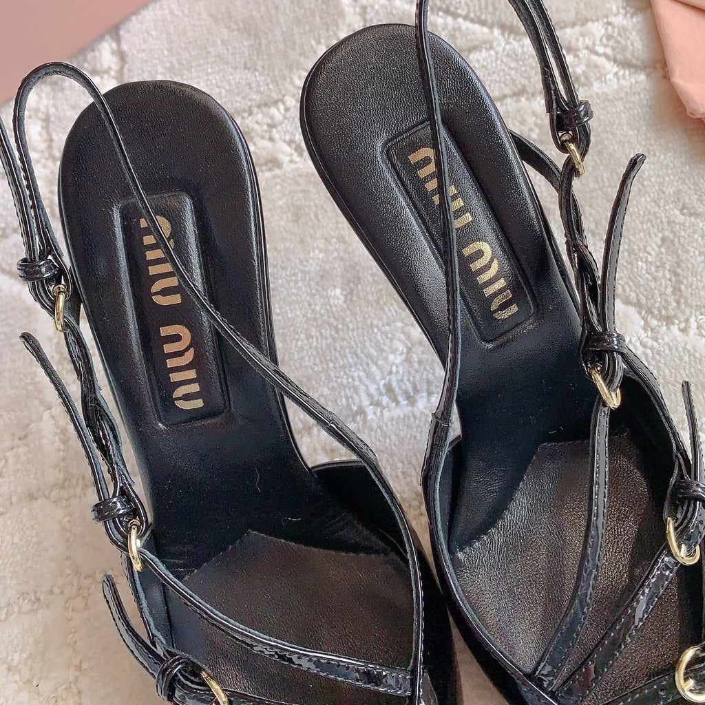 Slingback Black Leather With Stylized Cross Straps - High heels