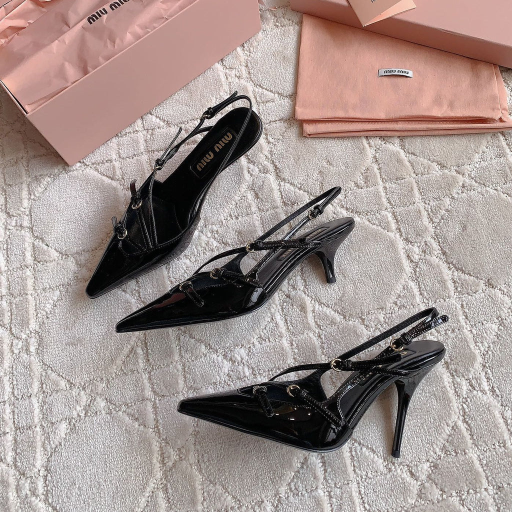 Slingback Black Leather With Stylized Cross Straps - High heels