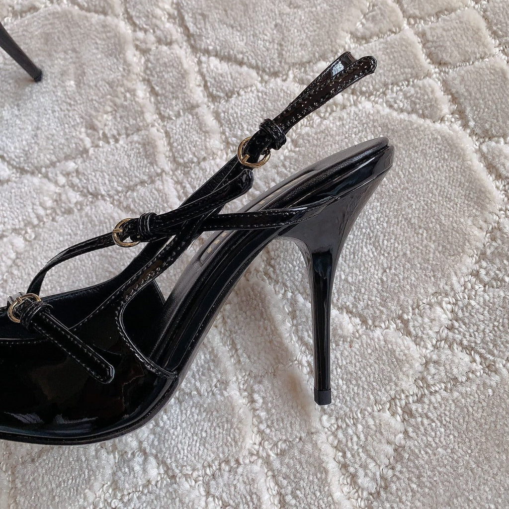 Slingback Black Leather With Stylized Cross Straps - High heels