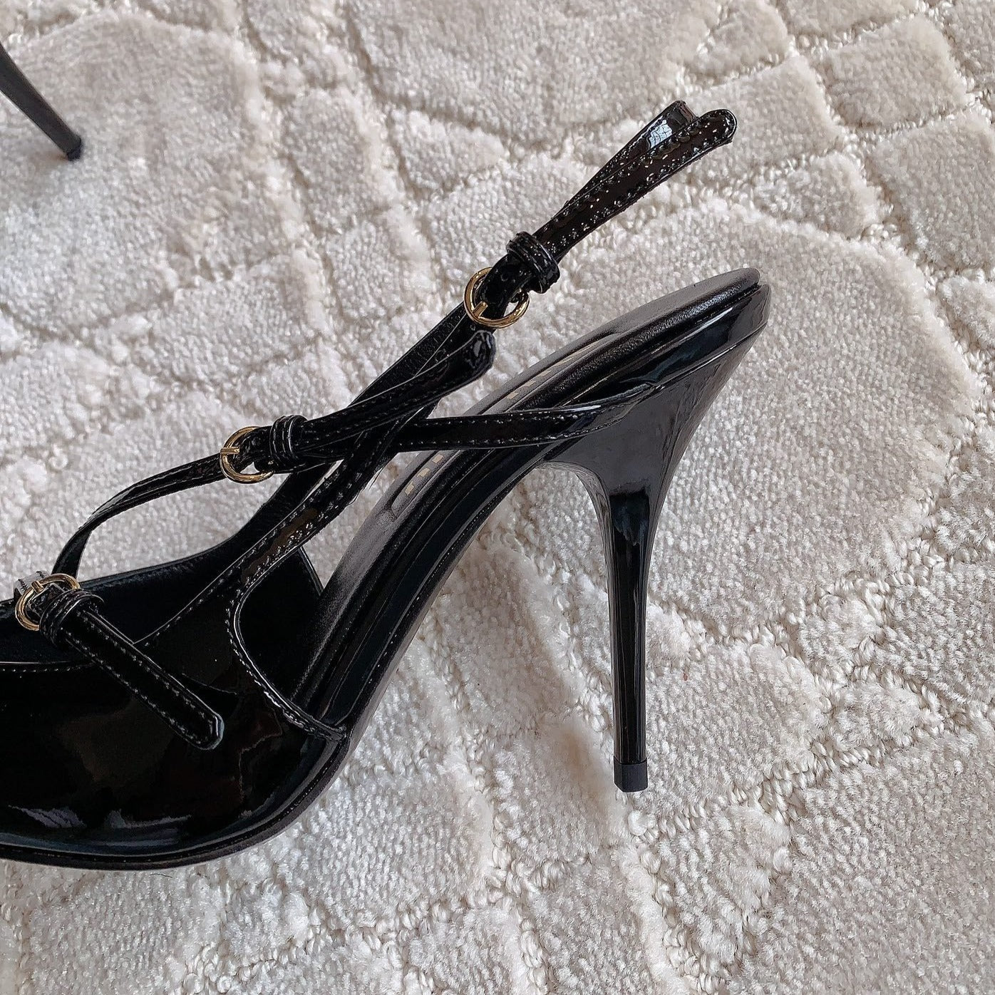 Slingback Black Leather With Stylized Cross Straps - High heels
