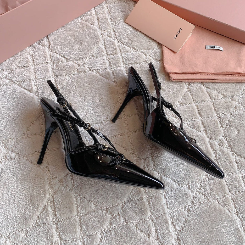 Slingback Black Leather With Stylized Cross Straps - High heels