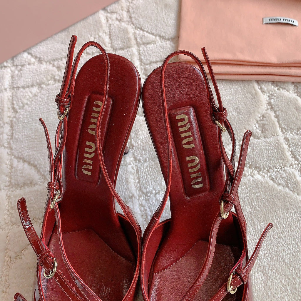 Slingback Ruby Leather With Stylized Cross Straps - High heels
