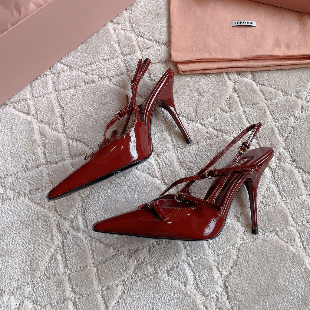 Slingback Ruby Leather With Stylized Cross Straps - High heels
