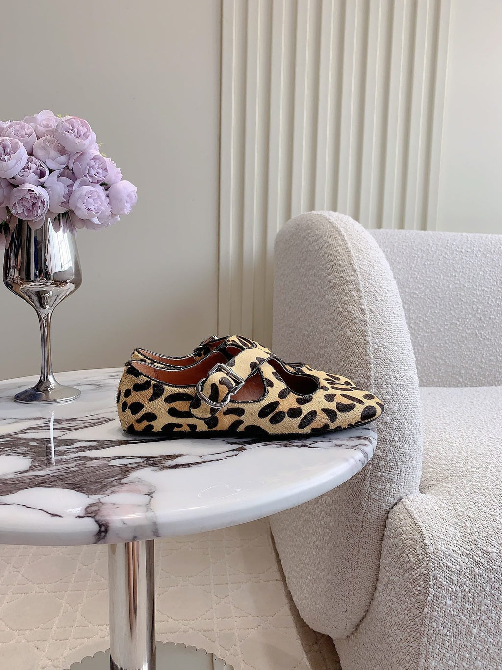 ALAIA CRISS CROSS BALLET FLAT IN LEOPARD LAMBSKIN WITH SILVER HARDWARE