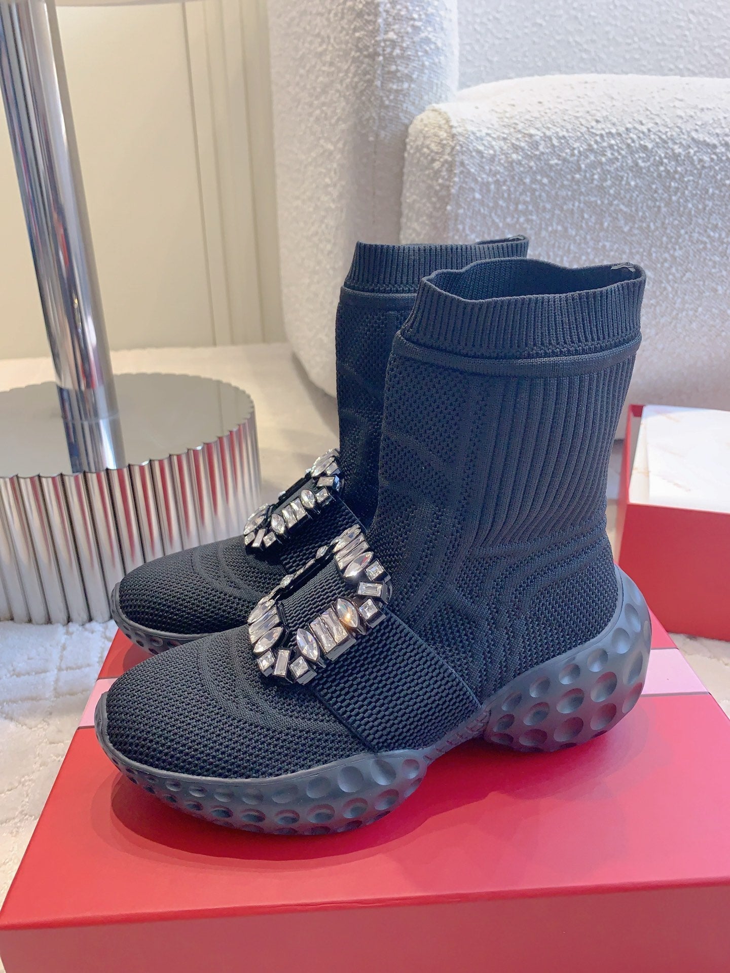 VIV' RUN LIGHT SOCKS ANKLE BOOTS IN BLACK FABRIC STRASS BUCKLE