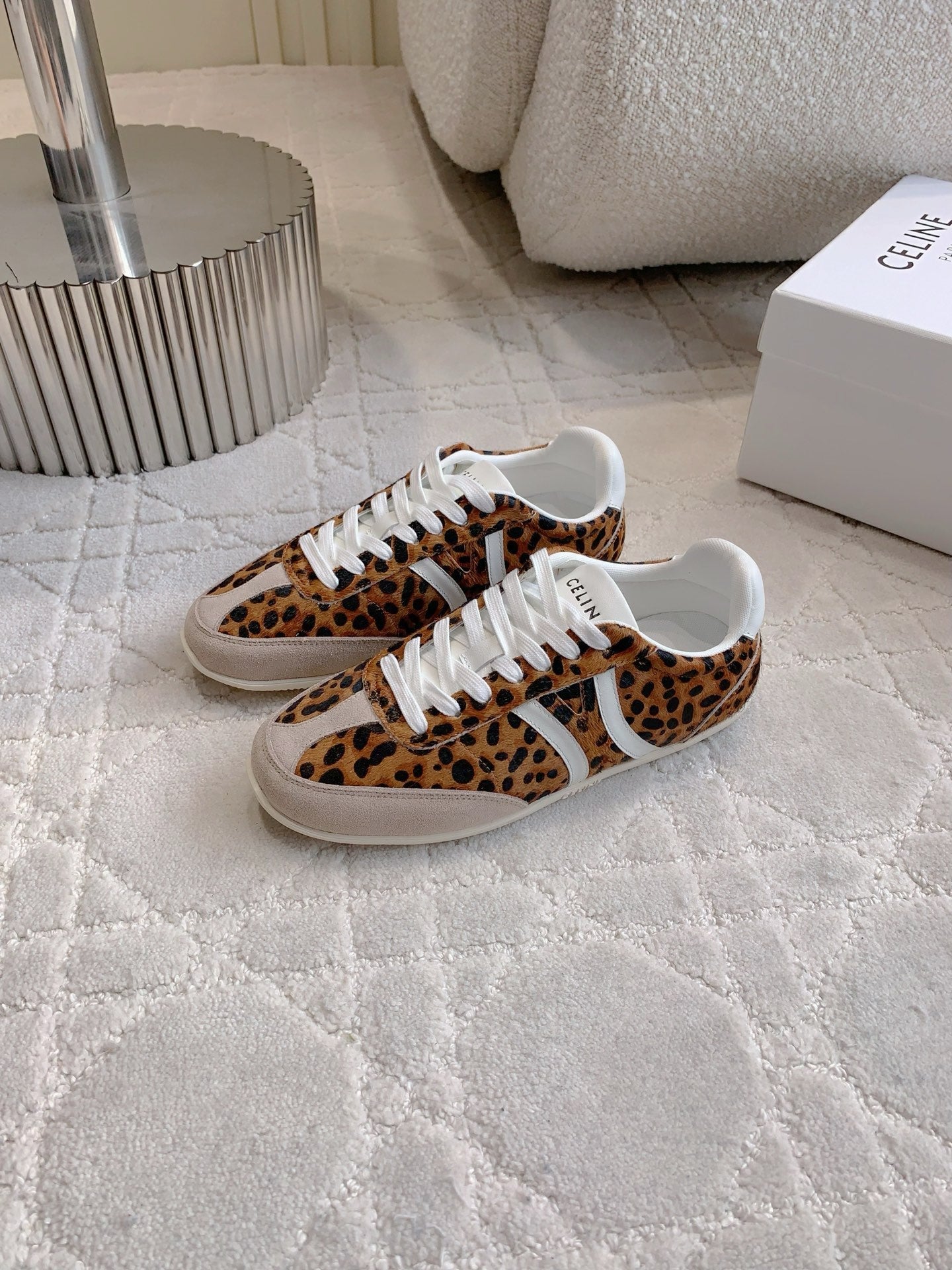 CELINE 25S JOGGER LOW LACE UP SNEAKER IN LEOPARD PRINT CALFSKIN AND SUEDE
