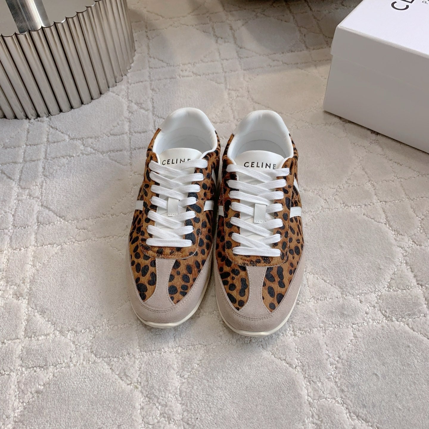 CELINE 25S JOGGER LOW LACE UP SNEAKER IN LEOPARD PRINT CALFSKIN AND SUEDE