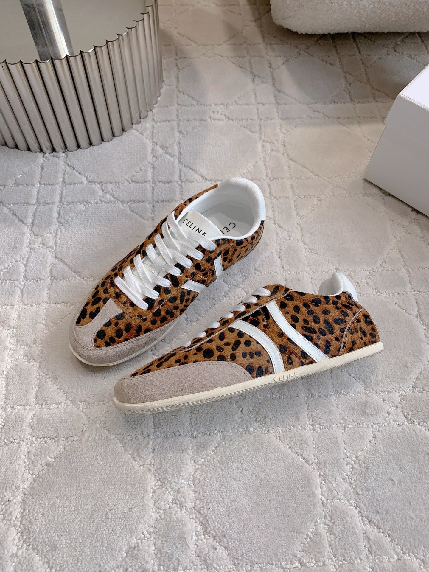 CELINE 25S JOGGER LOW LACE UP SNEAKER IN LEOPARD PRINT CALFSKIN AND SUEDE