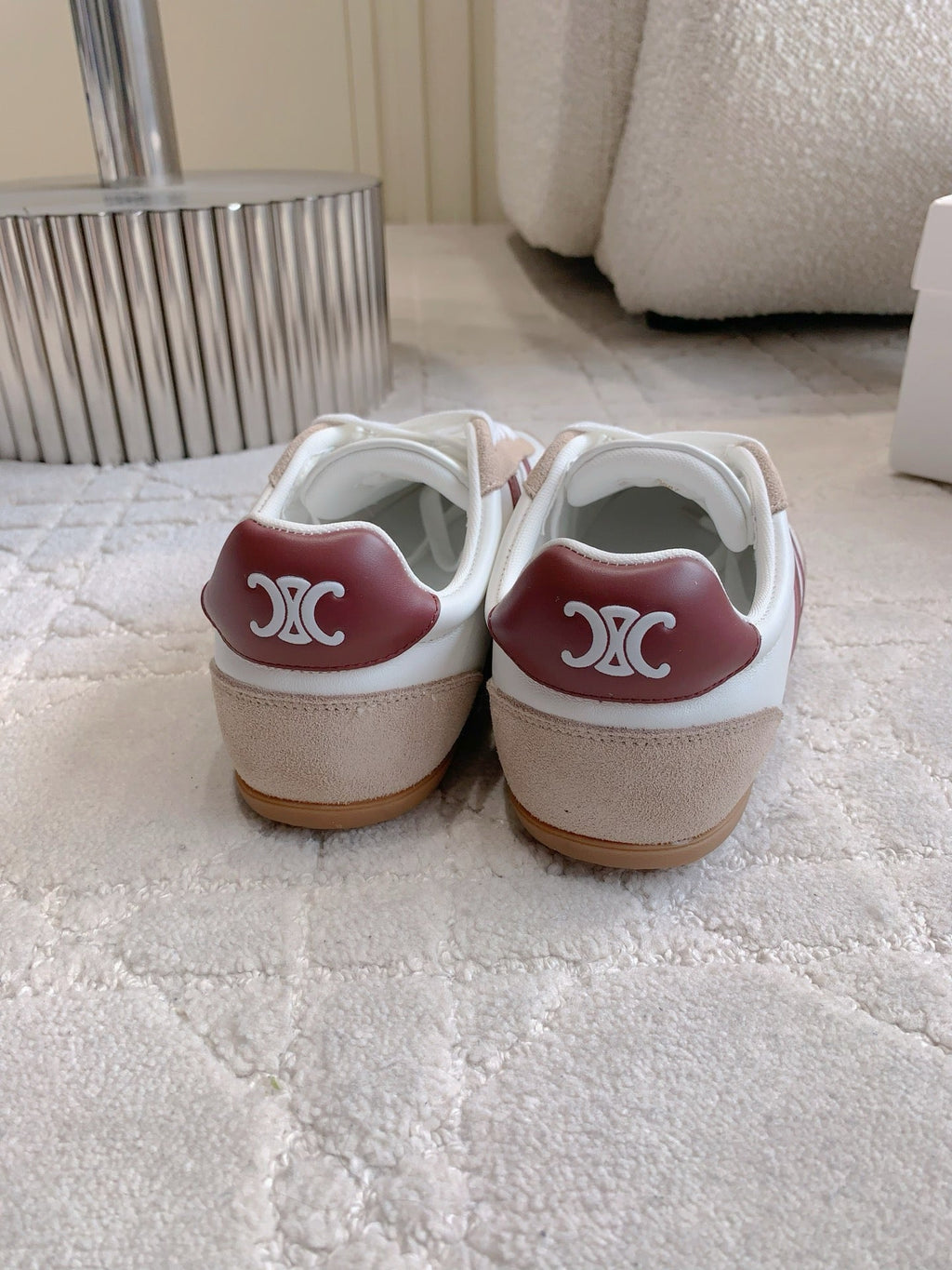 CELINE 25S JOGGER LOW LACE UP SNEAKER IN WHITE BEIGE RED CALFSKIN AND SUEDE