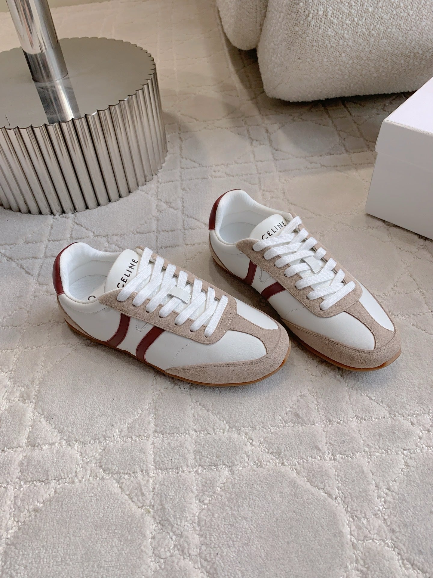 CELINE 25S JOGGER LOW LACE UP SNEAKER IN WHITE BEIGE RED CALFSKIN AND SUEDE