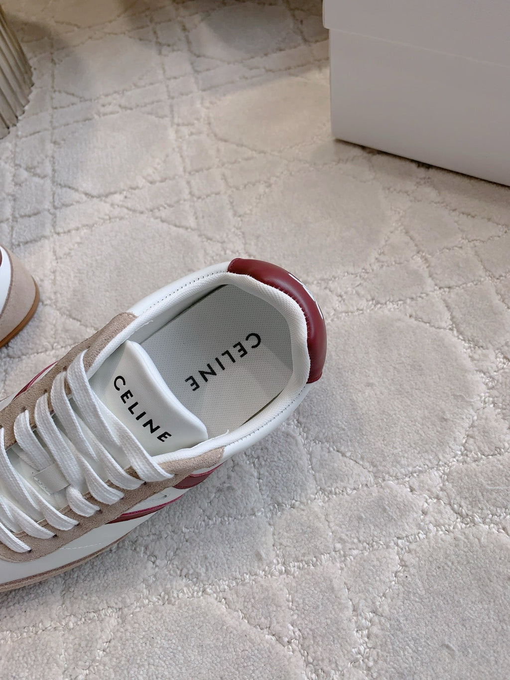 CELINE 25S JOGGER LOW LACE UP SNEAKER IN WHITE BEIGE RED CALFSKIN AND SUEDE