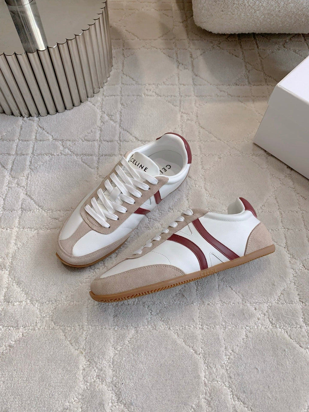 CELINE 25S JOGGER LOW LACE UP SNEAKER IN WHITE BEIGE RED CALFSKIN AND SUEDE