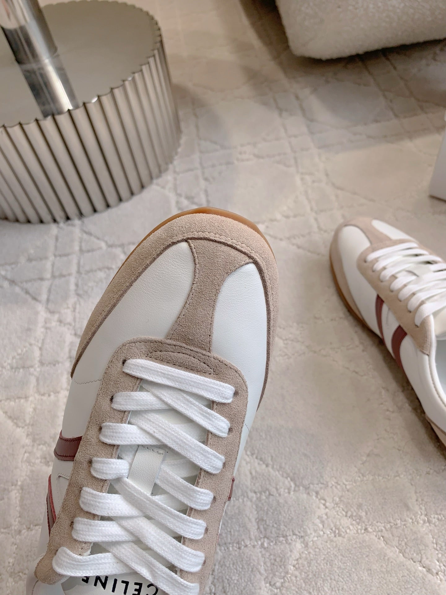 CELINE 25S JOGGER LOW LACE UP SNEAKER IN WHITE BEIGE RED CALFSKIN AND SUEDE