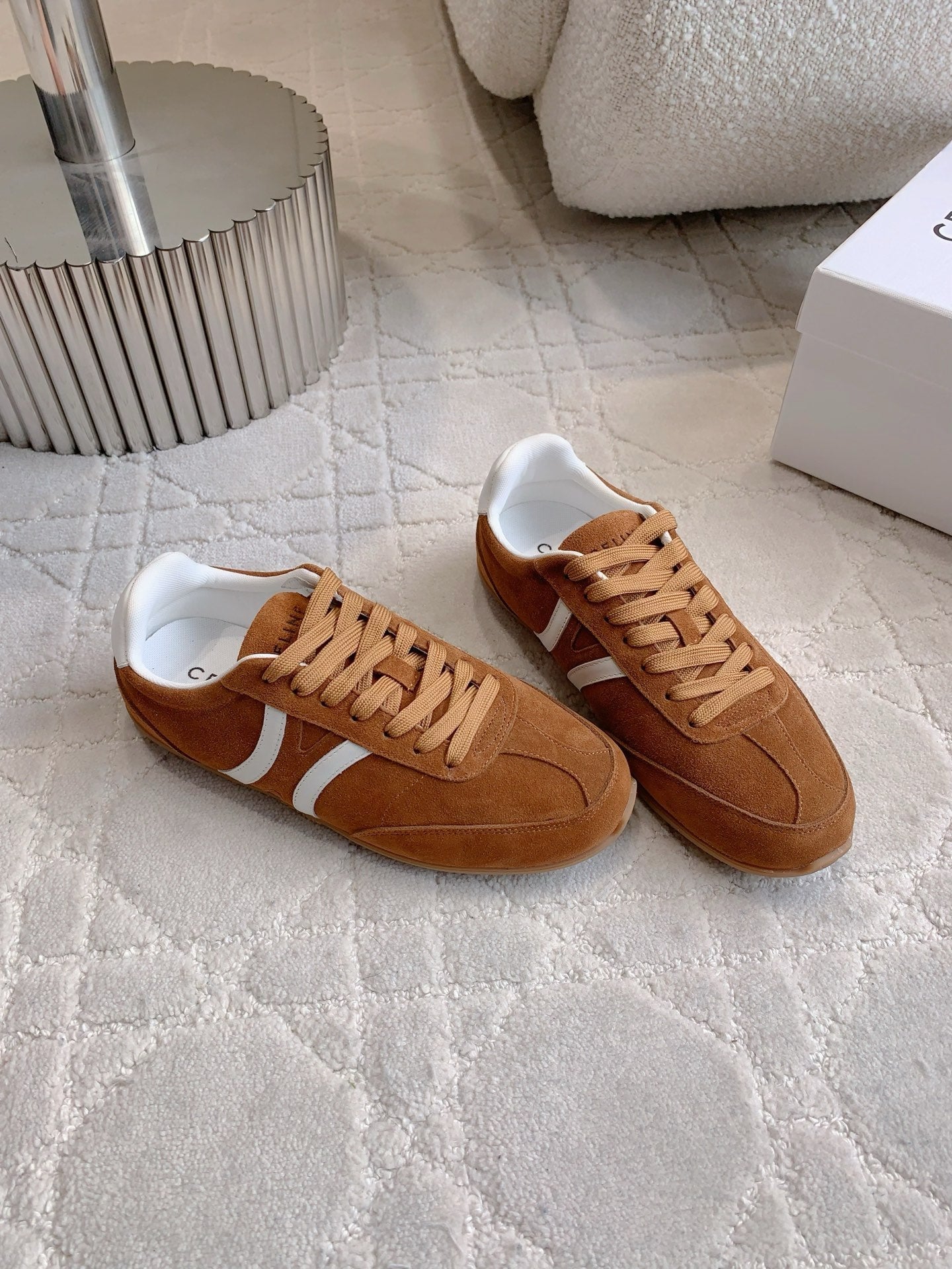 CELINE 25S JOGGER LOW LACE UP SNEAKER IN RUST BROWN CALFSKIN AND SUEDE