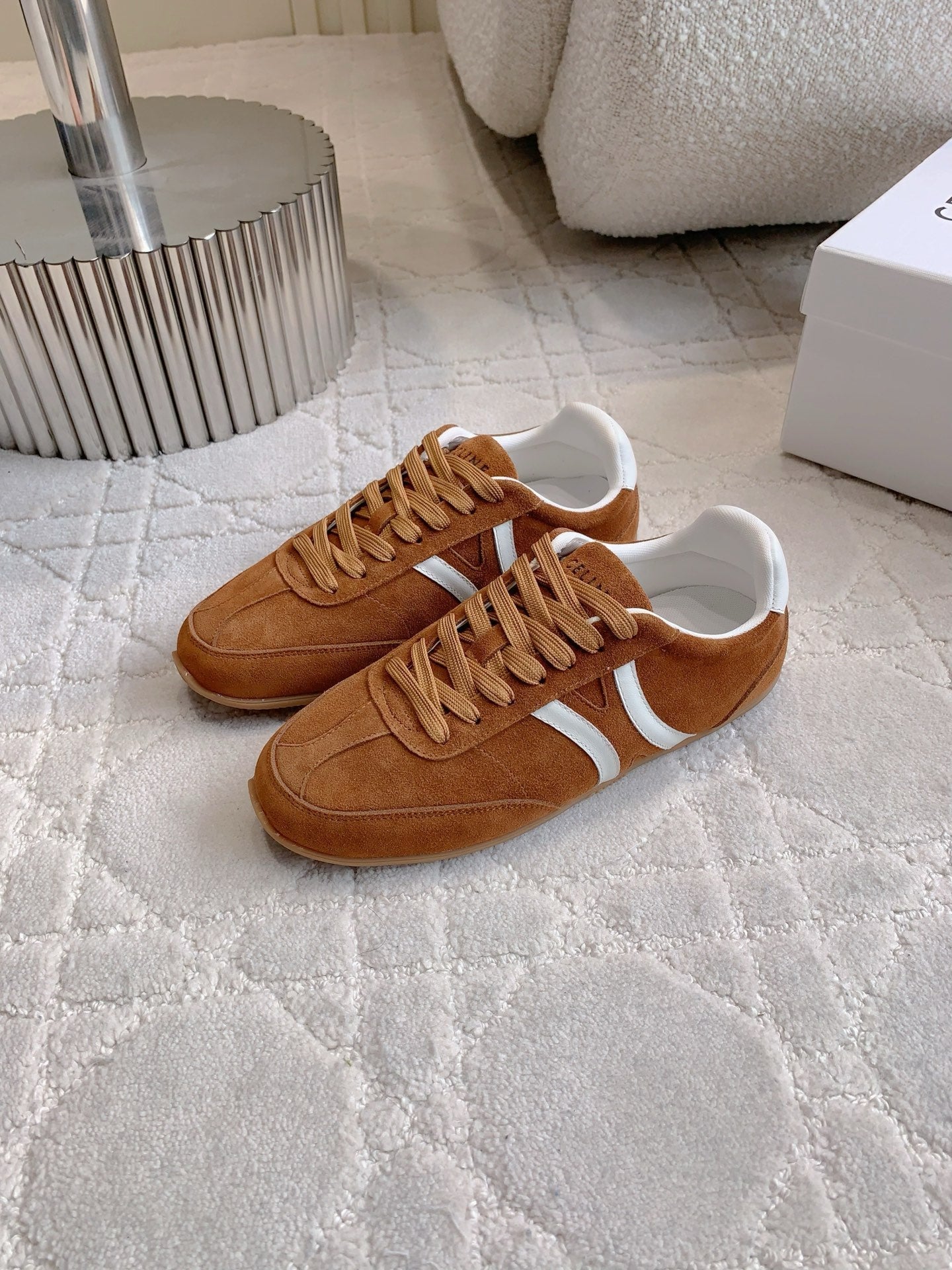 CELINE 25S JOGGER LOW LACE UP SNEAKER IN RUST BROWN CALFSKIN AND SUEDE