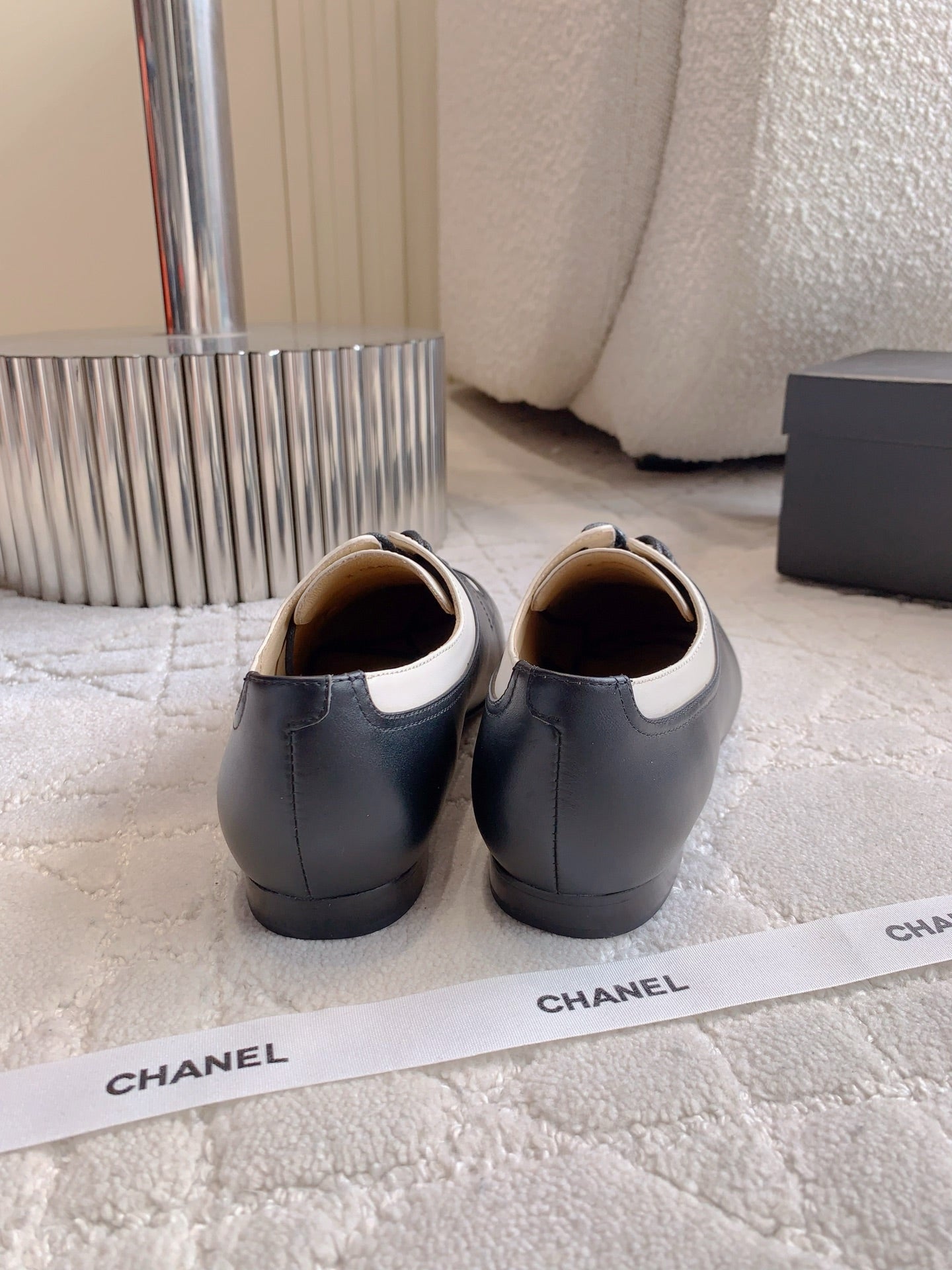 CHANEL 25S TWO TONE LACE UP IN BLACK AND WHITE CALFSKIN