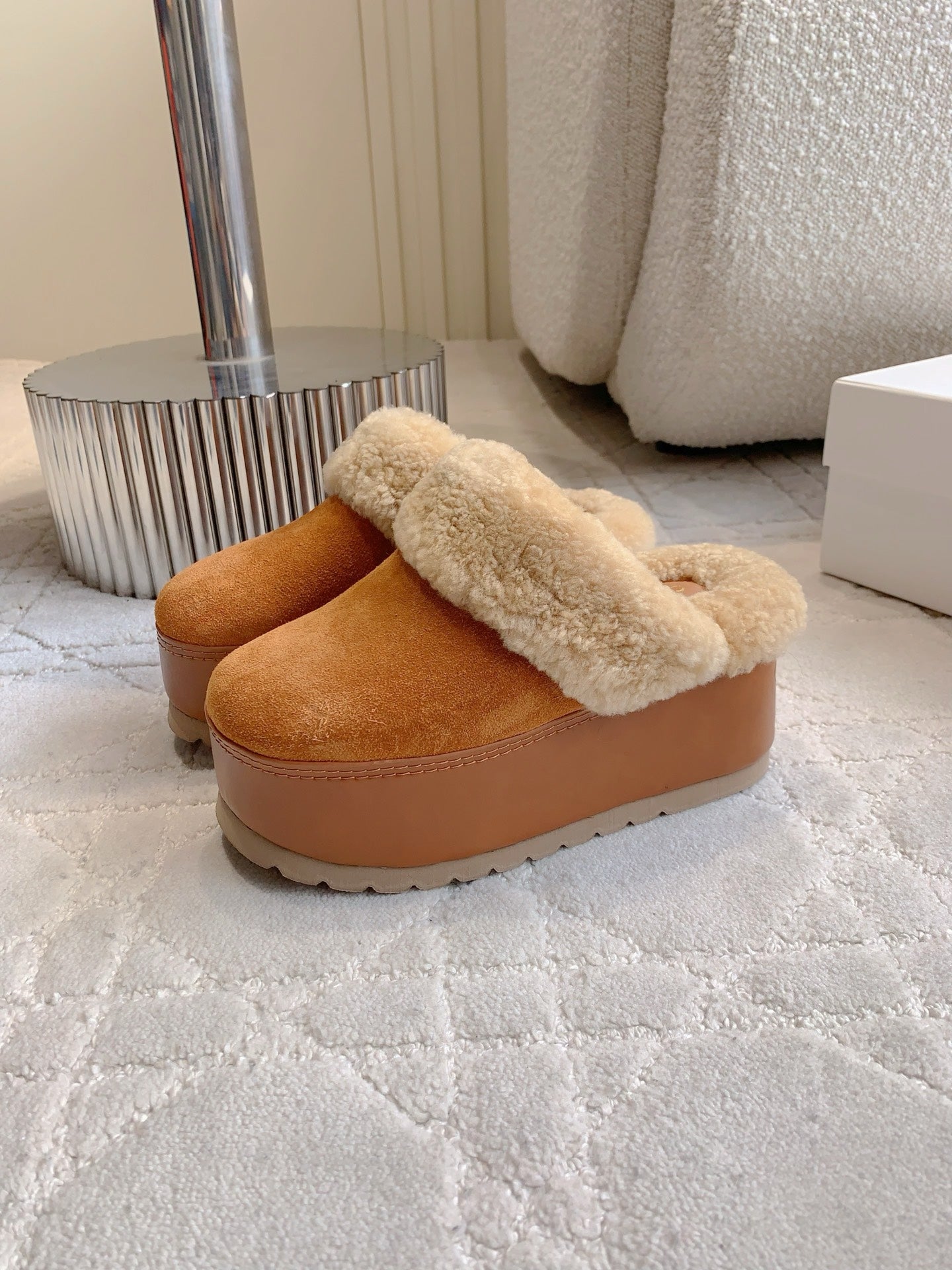 CELINE 25S DANA WEDGE MULE 70MM IN BURNT ORANGE SUEDE CALFSKIN AND SHEARLING