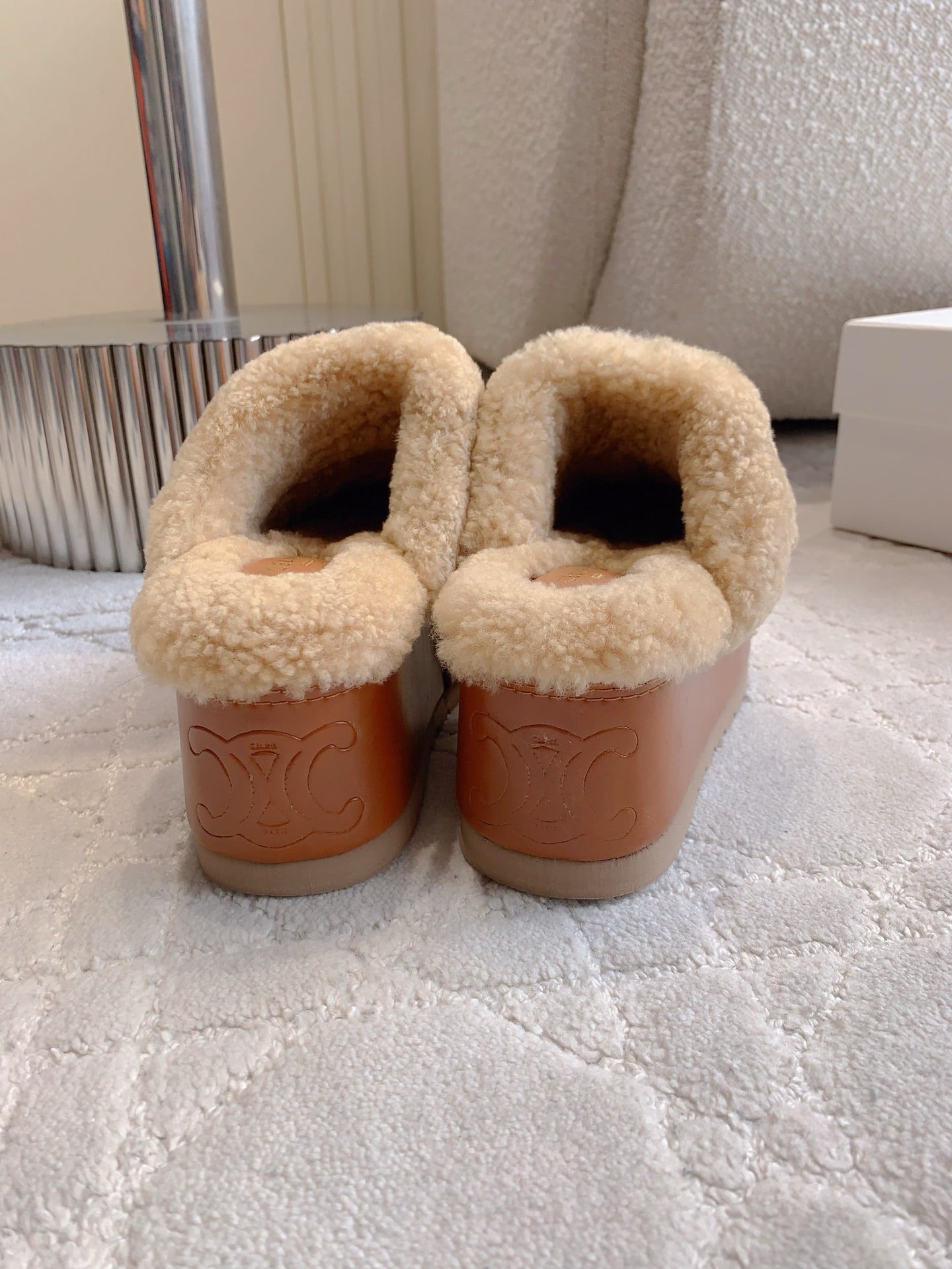 CELINE 25S DANA WEDGE MULE 70MM IN BURNT ORANGE SUEDE CALFSKIN AND SHEARLING