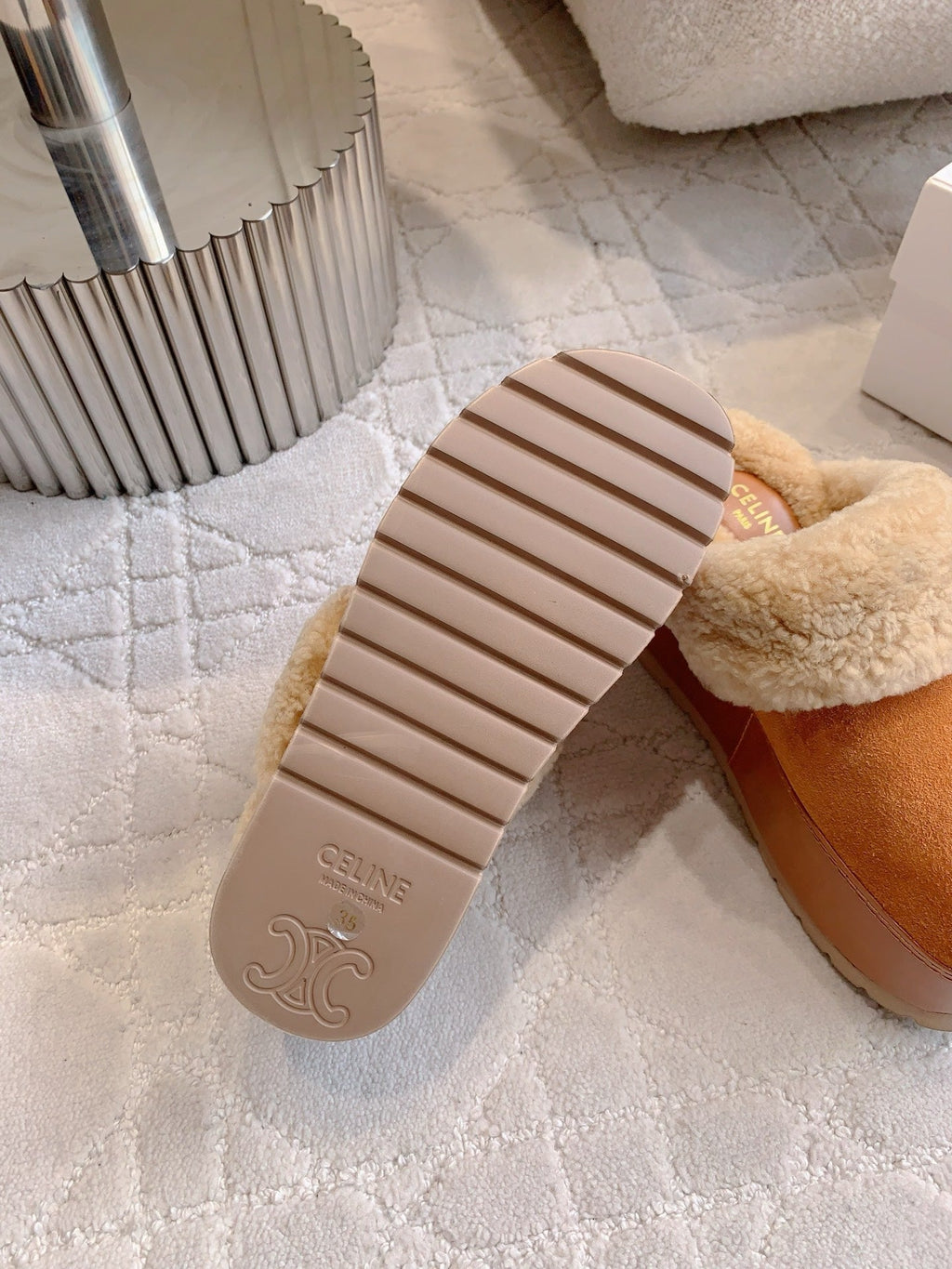 CELINE 25S DANA WEDGE MULE 70MM IN BURNT ORANGE SUEDE CALFSKIN AND SHEARLING