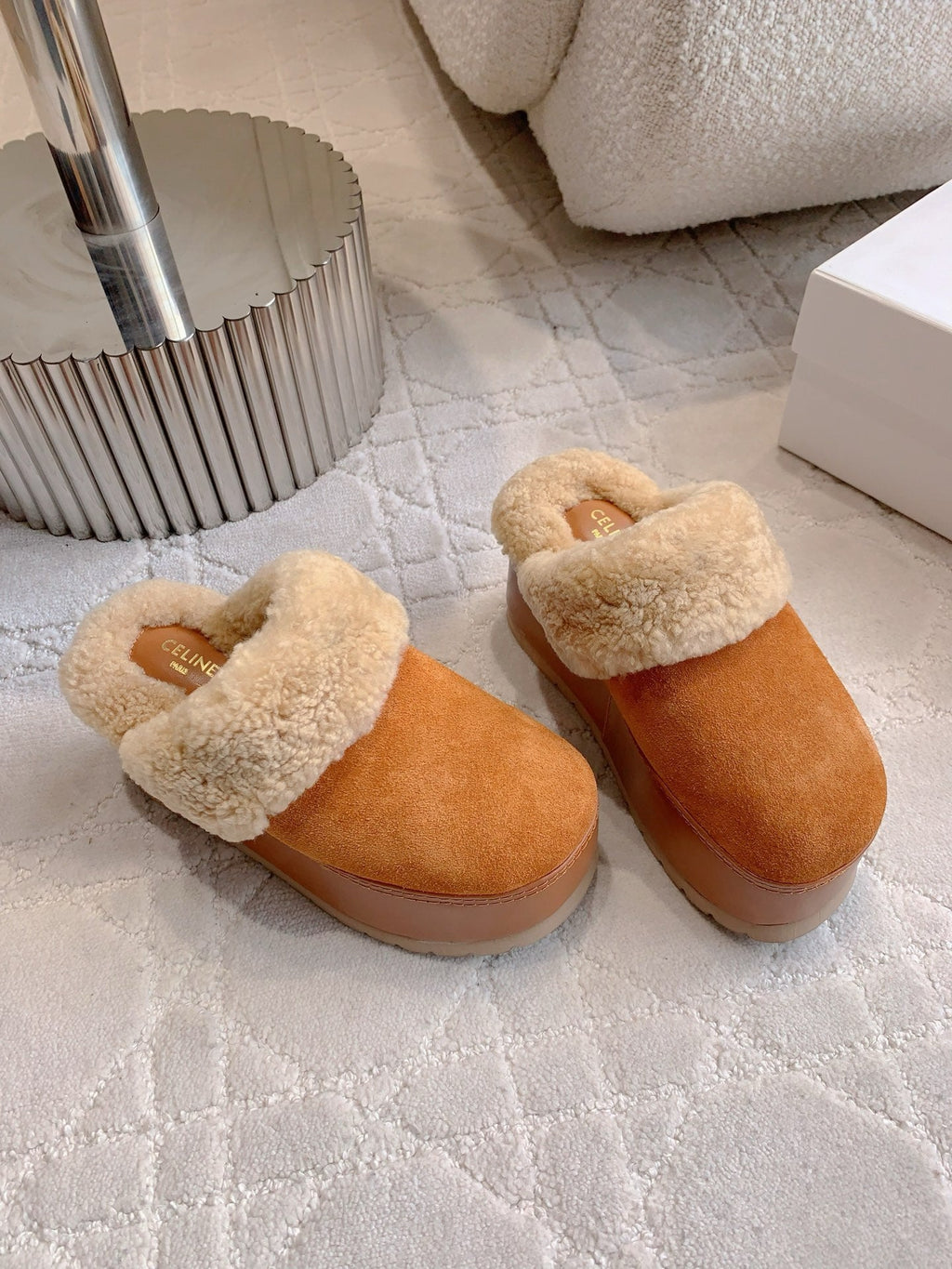 CELINE 25S DANA WEDGE MULE 70MM IN BURNT ORANGE SUEDE CALFSKIN AND SHEARLING