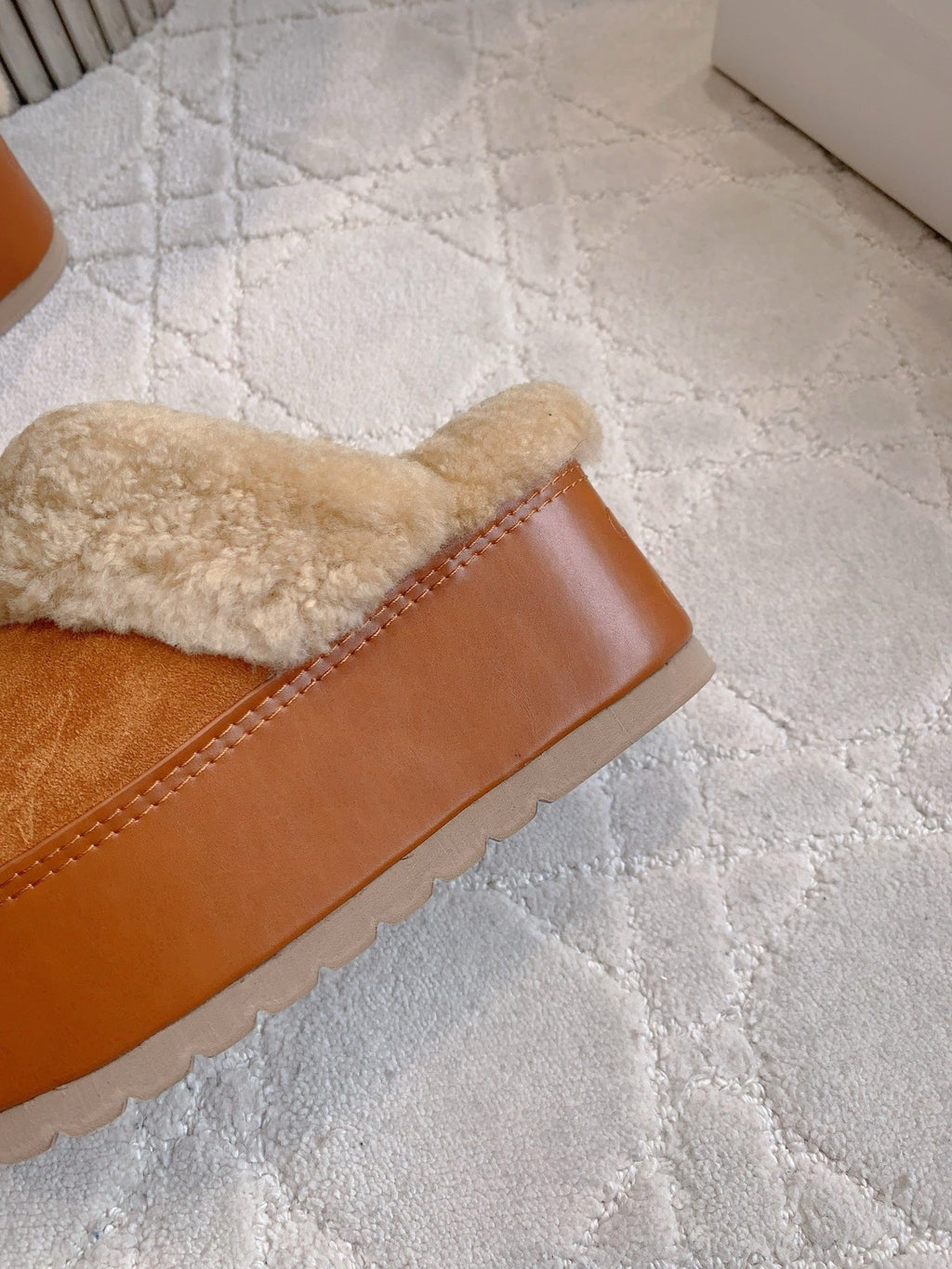 CELINE 25S DANA WEDGE MULE 70MM IN BURNT ORANGE SUEDE CALFSKIN AND SHEARLING