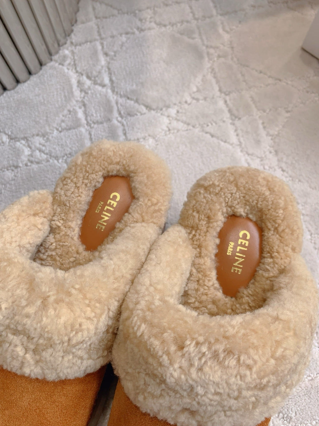 CELINE 25S DANA WEDGE MULE 70MM IN BURNT ORANGE SUEDE CALFSKIN AND SHEARLING