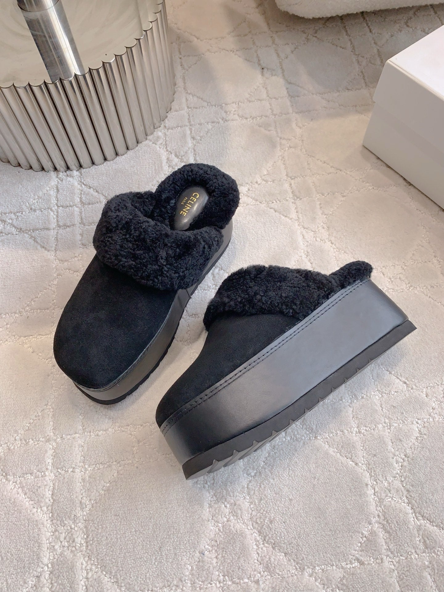 CELINE 25S DANA WEDGE MULE 70MM IN BLACK SUEDE CALFSKIN AND SHEARLING